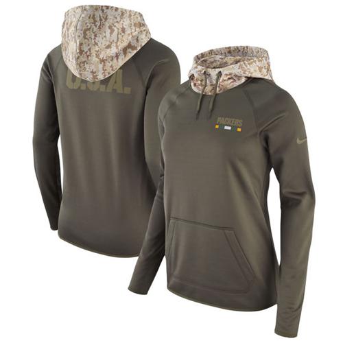 Women's Green Bay Packers Nike Olive Salute to Service Performance Pullover Hoodie - Click Image to Close